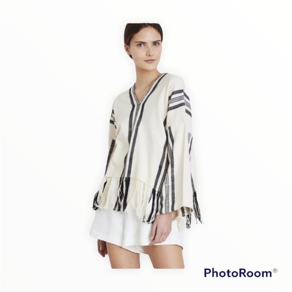 NWT APIECE APART Ivory Black Striped Fringe V Neck Poncho Size XS - Picture 1 of 7